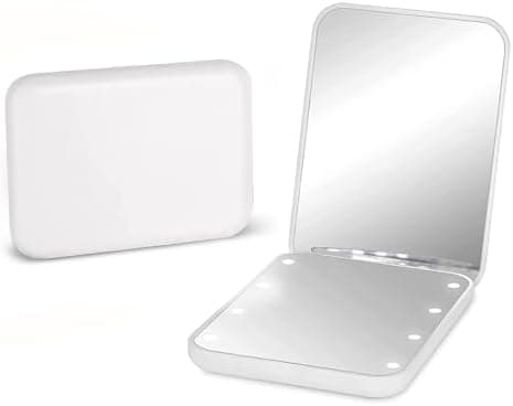 Kintion Pocket Mirror, 1X/3X Magnification LED Compact Travel Makeup Mirror with Light for Purse, 2-Sided, Portable, Folding, Handheld, Small Lighted Mirror for Gift, White