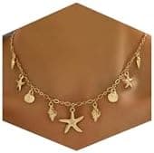 Shell Starfish Necklace for Women, 14k Gold Plated Boho Layered Beaded Charm Pendant Necklace, Dainty Adjustable Pearl Conch Summer Beach Vacation Jewelry Gifts