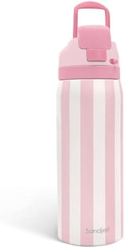 Stripe Insulated Stainless Steel Water Bottle with Straw, Push-Button Lid, 32 Ounce, Gifts for Women Girls Friends Teens Birthday Christmas (Pink)