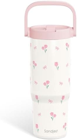 SANDJEST Tulip Stainless Steel Straw Lid Tumbler 30oz with Carry Handle for Women Girls, Insulated Travel Coffee Cup, Gift for Sports Workout Christmas Birthday