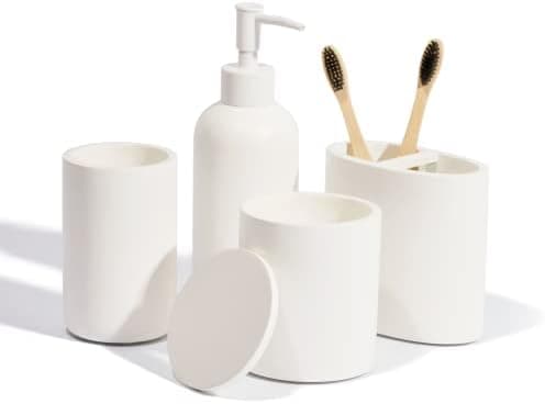 Premium 4 Pcs White Bathroom Accessories Set Complete. Bathroom Soap Dispenser Set. Modern Bathroom Decor Sets Accessories. Bathroom Toothbrush Holder Set. Bathroom Sets Accessories