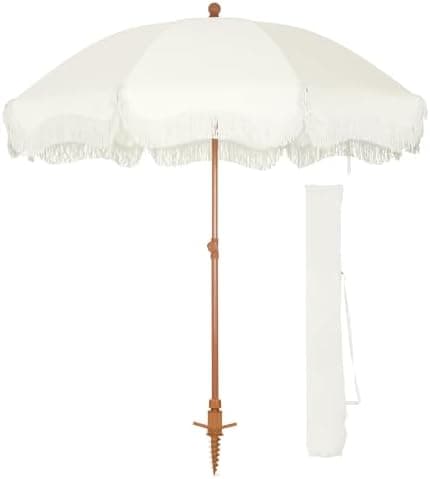 HERA'S PALACE 7ft Heavy Duty Beach Umbrella with Sand Anchor, Fringe Umbrella for Sand, UV 50+, Patio Umbrella with Tilt Pole for Garden Pool Backyard