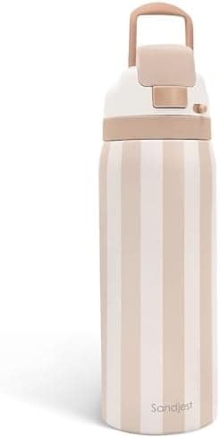 Stripe Insulated Stainless Steel Water Bottle with Straw for Sports and Travel, 32oz, Gifts for Women Girls Friends Teens Birthday Christmas (Brown)