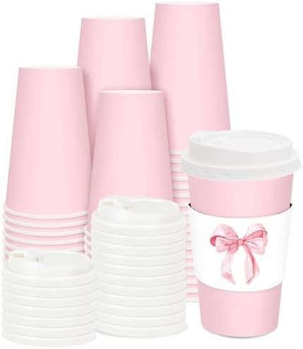 FYSUIMU 50 Sets Pink Coffee Cups with Lids and Watercolor Bow Sleeves 16oz Bowknot Paper Cups Disposable To Go Coffee Cups for Birthday Baby Shower Bachelorette Party
