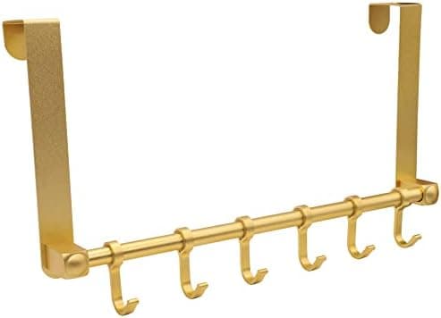 Biomoty Over The Door Hooks Door Hanger, Moving 6-Hooks Over Door Coat Rack for Hanging, Aluminum Heavy Duty Door Organizer for Towel Robe Hat Bag, Behind Back of Door Bathroom (Gold)