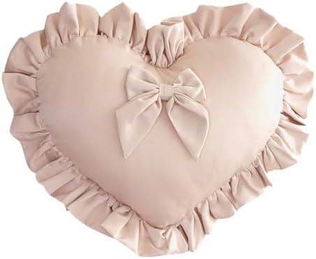 MOJUN Heart Pillow, Cute Soft Heart Shaped Throw Pillow Ruffle Love Bow Pillow Decorative Pillows Cushion for Couch Sofa Living Room Bed Chair Wedding Gifts Pillows, Champagne