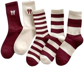 WDIRARA Women's 5 Pairs Bow Striped Crew Socks Soft Breathable Casual Socks