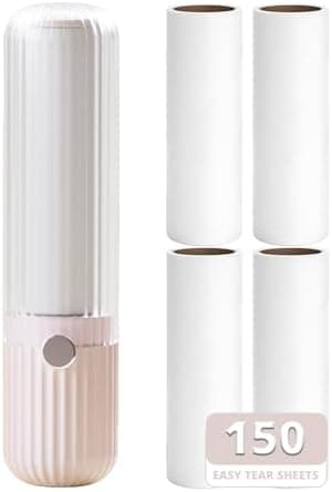 Sgdazo Compact Lint Roller with 150 Sheets - Portable Pet Hair Remover for Clothes, Furniture, and Travel Essentials Household Use, 1 Handle+5 Roller Refills (Pink)