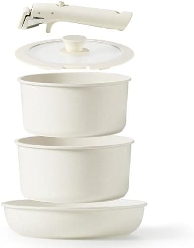 CAROTE 5pcs Pots and Pans Set Non Stick, Cookware Sets, Kitchen Set, Oven/Dishwasher/Fridge Safe, Space Saving Pots Set, Nonstick Set with Versatile Detachable Handle, Induction RV Set, Cream