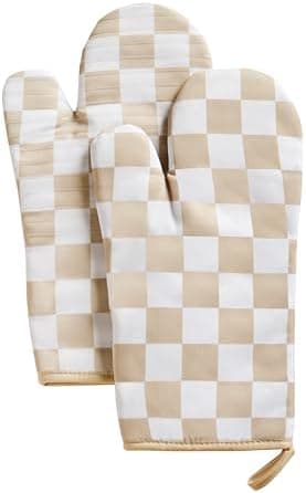 Ohocut Beige Checkered Oven Mitts Heat Resistant, Vintage Retro Checkerboard Cute Oven Mitts, Non-Slip Silicone Kitchen Oven Gloves 1 Pair 7''x13''