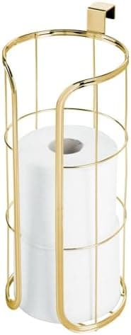 mDesign Modern Over The Tank Hanging Toilet Tissue Paper Roll Holder and Reserve for Bathroom Storage - Stores 3 Extra Rolls, Holds Jumbo-Sized Rolls - Durable Metal Wire - Soft Brass