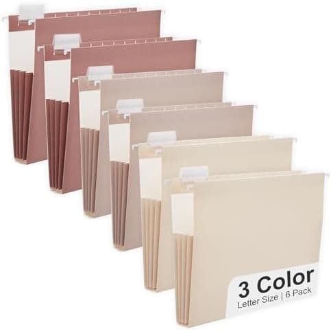 Y YOMA Letter Size - 6 Pack Extra Capacity Hanging File Folders Accordion Decorative File Folder Cute Colored Hanging Folder Organizer for Office Home with 1/5-Cut Adjustable Tabs, Mocha Color