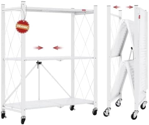 DEANIC 3 Tier Foldable Storage Shelves with Wheels, Kitchen Appliance Stand, Freestanding Metal Wire Shelf Rack, No Assembly Organizer Rolling Cart for Garage, Basement, Pantry(White)