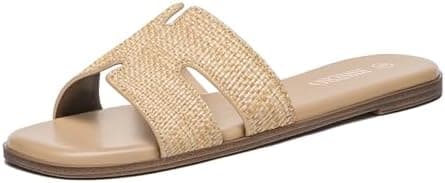 Rihero Women's Dressy Flat Sandals Comfortable Slip On Leather Slide Sandals