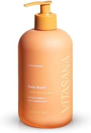 Vitasana Natural Body Wash for Sensitive Skin, 16 oz – Mandarin Orange Scent, 98.9% Plant‑Derived, EWG Verified, Hypoallergenic, Paraben‑Free, Sulfate‑Free, Cruelty‑Free