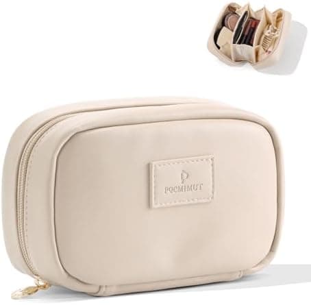 Pocmimut Small Makeup Bag,Open Flat Small Pouch Purse Car Accessories,Travel Essentials Organizer with Divider,Christmas Birthday Gifts for Mom and Lover,Beige
