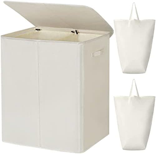 WOWLIVE 154L Double Laundry Hamper with Lid and Removable Laundry Bags, Large Dirty Clothes Hamper 2 section Collapsible Laundry Basket Dorm Room Storage for Bedroom, Bathroom, College,Beige