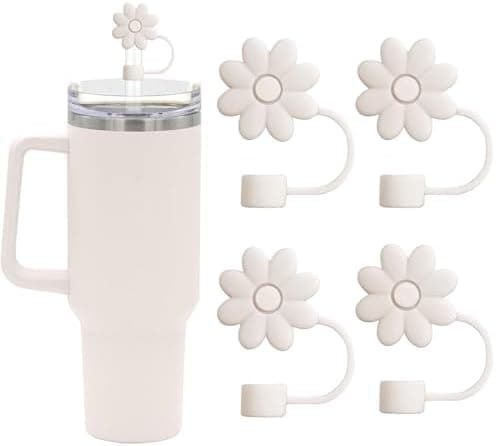 SpexArt Flower Straw Covers Toppers for Stanley Cups 30&40 Oz Tumbler Accessories 4PCS Silicone Straw Caps Reusable Straw Tips Protectors for Stanley Cup 10mm 0.4in Straws,Off White