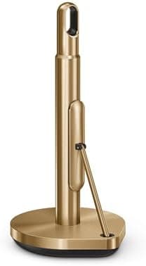 simplehuman Tension Arm Standing Paper Towel Holder, Heavy-Duty, Easy One-Handed Tear, Kitchen Countertop, Brass Stainless Steel