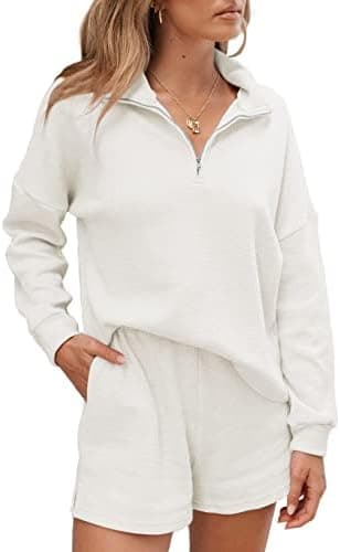 Aleumdr Women's 2 Piece Outfits Zipper Waffle Knit Lounge Sets 2025 Fashion Long Sleeve Shorts Matching Sets with Pockets
