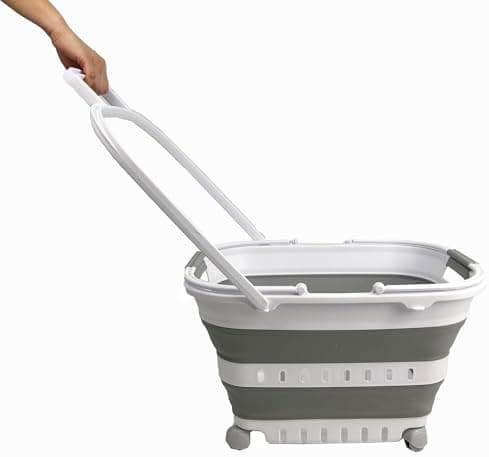 SAMMART 35L (9.24 Gallons) Collapsible Plastic Laundry Basket with Handle and Wheels - Foldable Pop Up Storage Container/Organizer with handle and wheels - Space Saving (1, White/Grey)