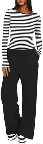 Darong Women's 2 Piece Outfits Lounge Sets 2026 Long Sleeve Tops Wide Leg Pants Casual Matching Set