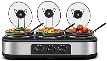 Triple Slow Cooker with Lid Rests, Breakfast Buffet Servers and Warmers with 3 X 1.5Qt, Tempered glass lids & 3 Adjustable Temp, Dishwasher Safe, Stainless Steel