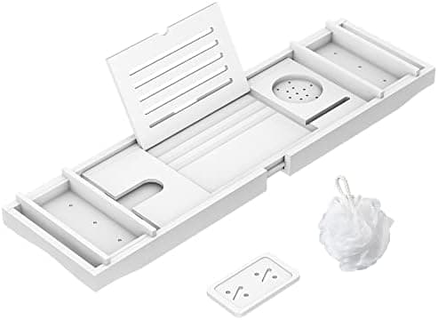 Zhuoyue Bamboo Bathtub Tray, Expandable Premium Bath Tray for Luxury Bathroom, Adjustable Bath Accessories for Tub with Soap Towel Book Holder, Extendable 29.5-43.3" White