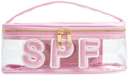 RSRSLEII Clear Waterproof Summer SPF Makeup Bag，Aesthetic Transparent Letter Patch Cosmetic Bag with Metal Zipper, Preppy Sunscreen Accessories Storage Organization, Beach Travel Purse(01SPF Pink)