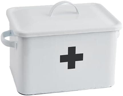 Enameled First Aid Box with Lid & Black Cross on Front