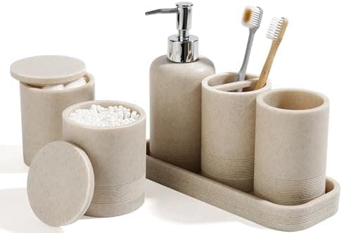 Bathroom Accessories Set, 6-Piece Bathroom Accessory Set, Toothbrush Holders Set, Soap Dispenser, Vanity Tray, Tumbler, Cotton Swab Jars, Bathroom Organizer for Modern Bathrooms(Beige)