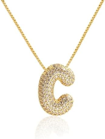 Qyalie Chunky Bubble Initial Letter Necklace for Women Balloon Statement Dainty Alphabet Pendant 14K Gold Plated Puffy Name Personalized Jewelry