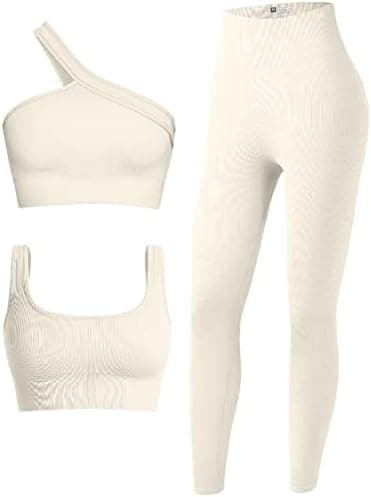 OQQ Women's 3 Piece Ribbed Seamless Exercise Scoop Neck Sports One Shoulder High Waist Legging Active Set Bra Outfit, Beige, Medium