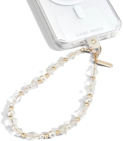 Case-Mate Beaded Phone Charm - Detachable Anti Theft Strap - Hands-Free iPhone Wrist Strap for Women - Phone Chain Wristlet - Fits Galaxy, Pixel and More - Crystal Pearl Gold