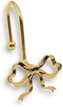 Dylrauoza Gold Bow Shower Curtain Hooks, 12 Pack Decorative Metal Rust Proof Shower Curtain Rings for Bathroom, Elegant Cute Curtain Hangers for Standard Shower Rods