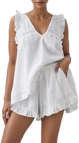 Sotimoon Womens Ruffle Short Sets 2 Piece Outfits Summer Sleeveless Top and Shorts Fashion Oversized Pajamas Set