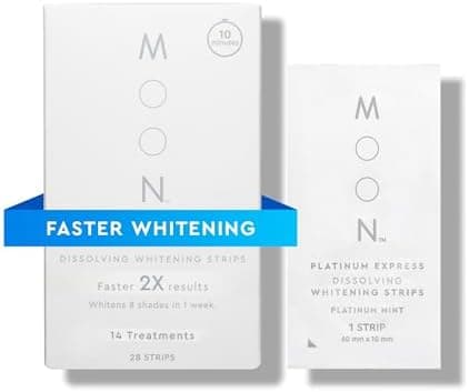 MOON Dissolving Teeth Whitening Strips, 28 Platinum Express No Rinse White Strips, Winter Mint, Hydrogen Peroxide & Essential Oils, Whiten Sensitive Teeth up to 8 Shades in 1 Week, Travel Essentials