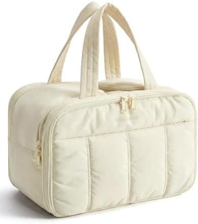 BAGSMART Travel Toiletry Bag, Puffy Large Toiletry Bag for Women, Lightweight Cosmetic Makeup Bag Organizer with Handle for Traveling, Accessories, Essentials, Toiletries （Beige