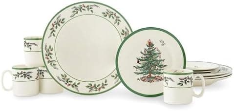 Spode Christmas Tree 12-Piece Dinnerware Set (Service for 4) - Festive Holiday Tableware with Plates & Mugs - Fine Earthenware Christmas Dinnerware - Microwave & Dishwasher Safe