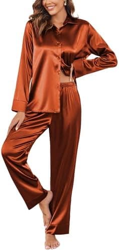 Ekouaer Women Satin Silk Pajamas Classic Long Sleeve Button Down Pjs Set Soft Loungewear