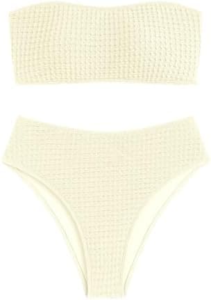 ZAFUL Women's High Cut Bandeau Bikini Set Strapless Solid Color 2 Pieces Bathing Suit Swimsuit
