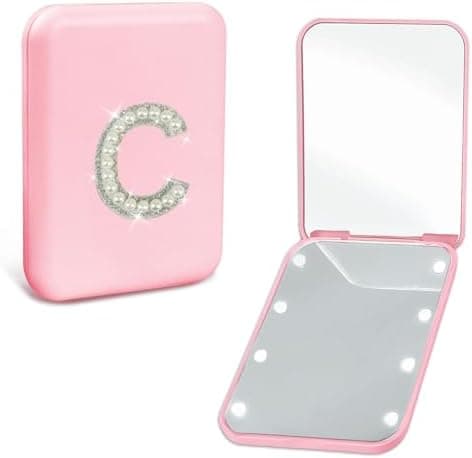 Aganmi Trendy Mothers Day Birthday Gifts for Mom Travel Pocket Mirror with Lights Pink 1X/2X Magnification LED Compact Mirror, Small Folding Handheld Makeup Mirror Mom Nurses Gifts for Women (C)