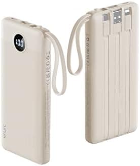 VRURC Portable Charger Power Bank,10000mAh Travel Essentials Battery Pack, 5 Outputs 2 Inputs Slim USB C Charging Bank Built-in Cables Cords for iPhone 17 16 15 13,Samsung,Android-Light Coffee(1 Pack)