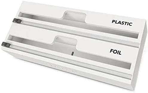 SpaceAid WrapNeat 2 in 1 Wrap Organizer with Cutter and Labels, Plastic Wrap, Aluminum Foil and Wax Bamboo Dispenser for Kitchen Storage Organization Holder for 12" Roll (White)