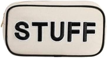 uekeboag Canvas Chenille Letter Stuff Makeup Bag,Small Travel Washable Organizer Bag for Purse with Zipper, Cute Personalized Preppy Cosmetic Bag For Women and Girls(01Black-Stuff)