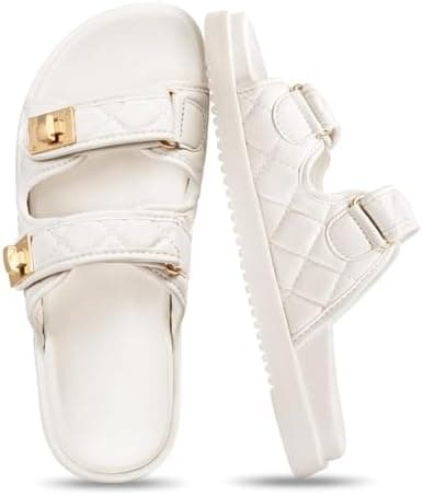 FITORY Women's Flat Sandals Classic Adjustable Double Strap Slip On Casual Summer Slide Size 8 White