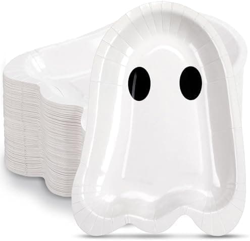 FoldTier 100 Pcs 9 Inch Halloween Paper Plates Ghost Shape Disposable Dessert Plates Halloween Winter Holiday Appetizer Decorative Tableware Trick or Ghost, Treat Party Supplies