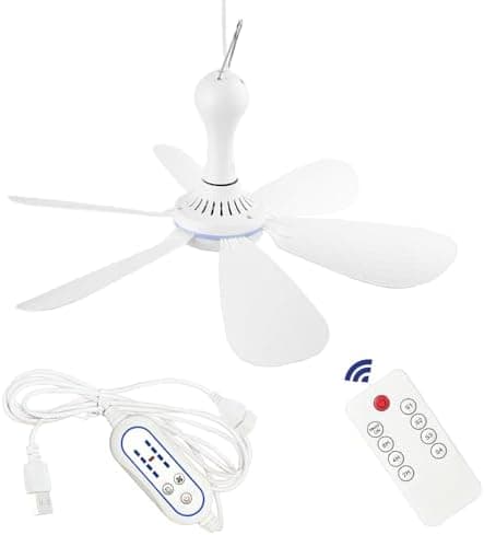 SCOOYEEES Silent USB Powered Ceiling Fan with Remote Control Timing 4 Speed, Quiet Small DC Plug in Ceiling Fan Hanging Fan for Camping Bed RV Tent Canopy Room