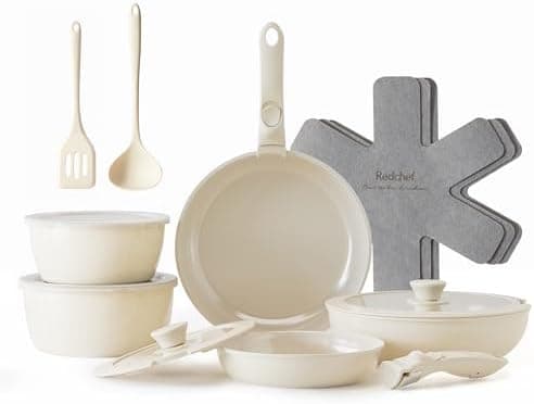 Redchef Ceramic Pots and Pans Set, Nonstick Kitchen Cookware Set with Detachable Handle, Non Toxic Cookware Set 16pcs, PFAS PFOA & PTFE Free, RV Ceramic Cookware for Camping, Dishwasher/Oven Safe