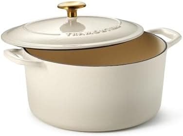 Tramontina Bestow Enameled Cast Iron Dutch Oven Pot with Lid, Round 5.5-quart, Latte with Gold Knob